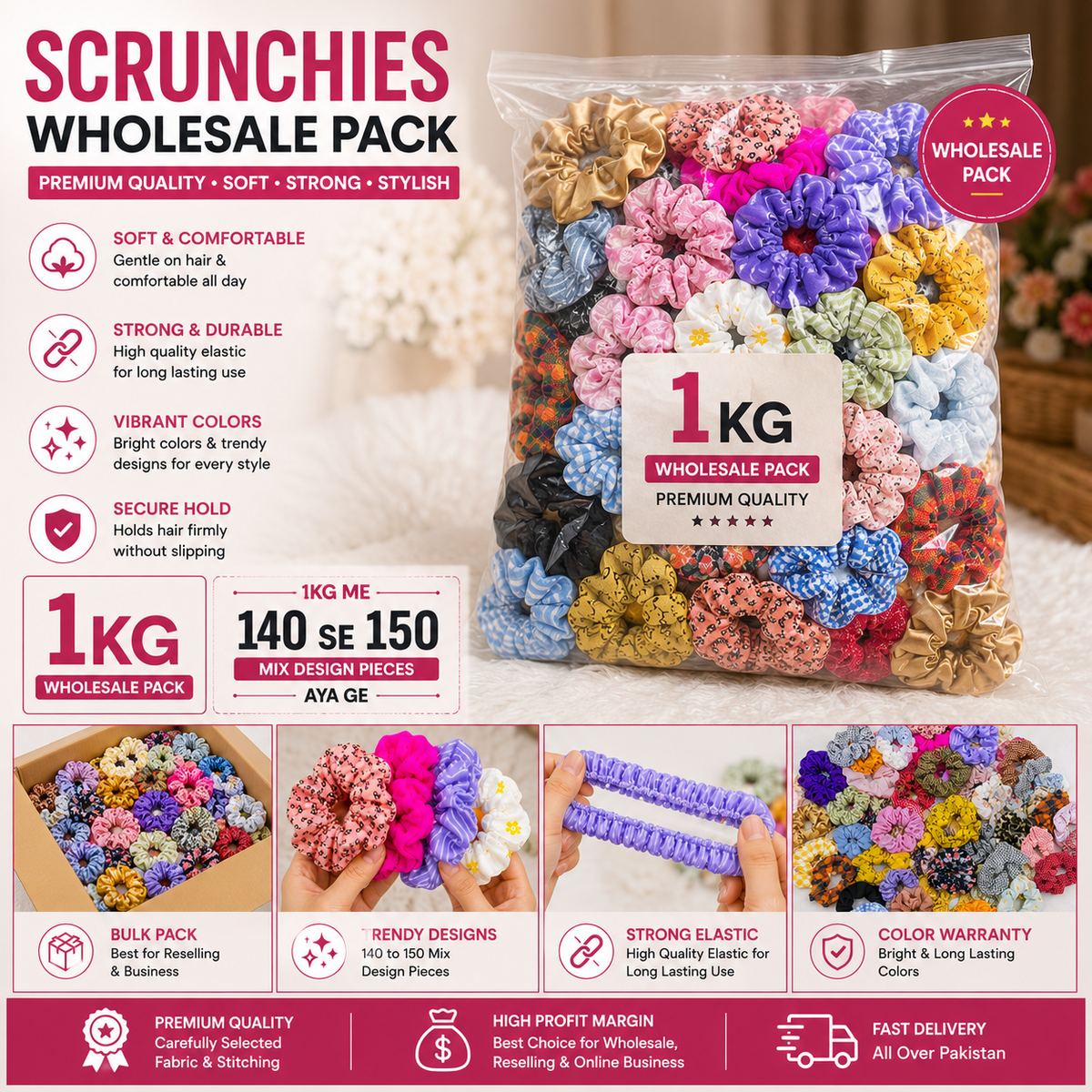 Scrunchies Wholesale Pack – 1 KG (140–150 Mix Colors)