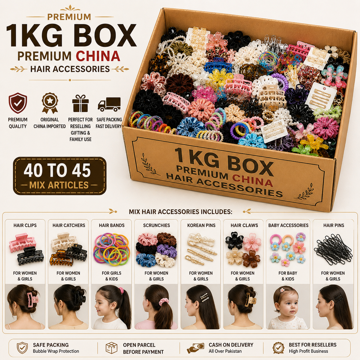 Premium China Hair Accessories Mix – 1KG Box (40–45 Articles)