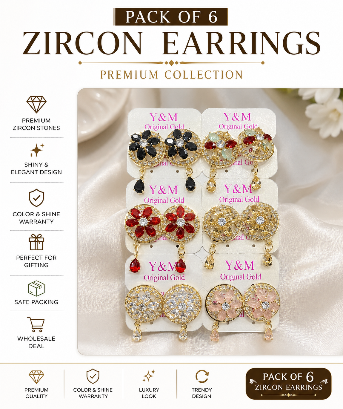 Premium Pack of 6 Zircon Earrings Card