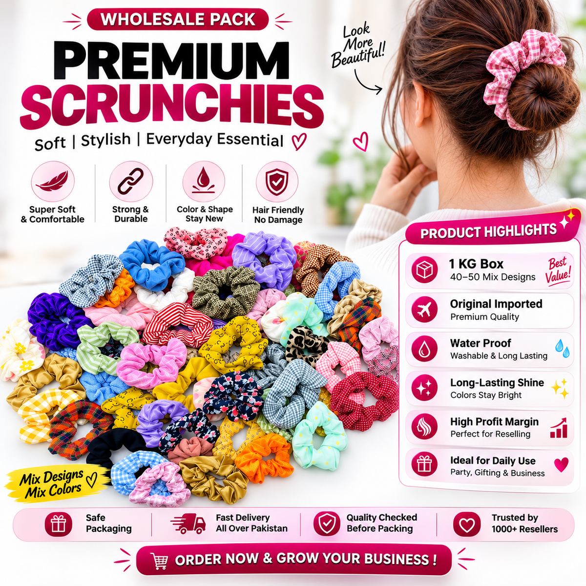 Scrunchies Wholesale Pack – 1 KG (140–150 Mix Colors)